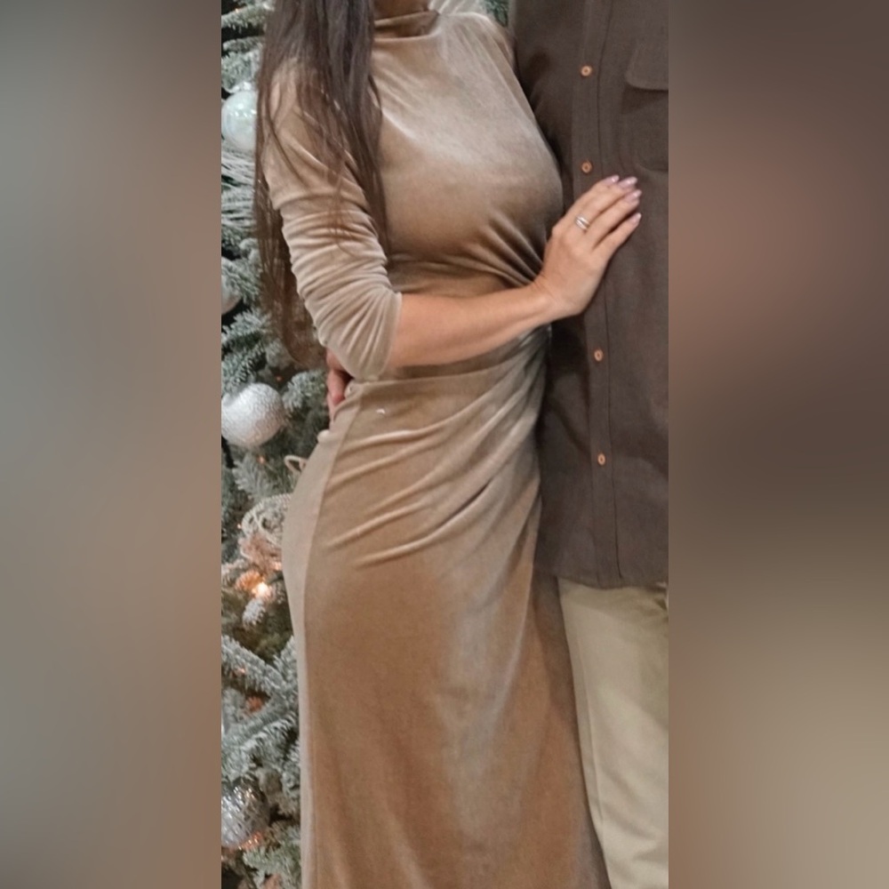 Magnolia Taupe Ruched Long-Sleeve Midi Dress with Side Drawstring